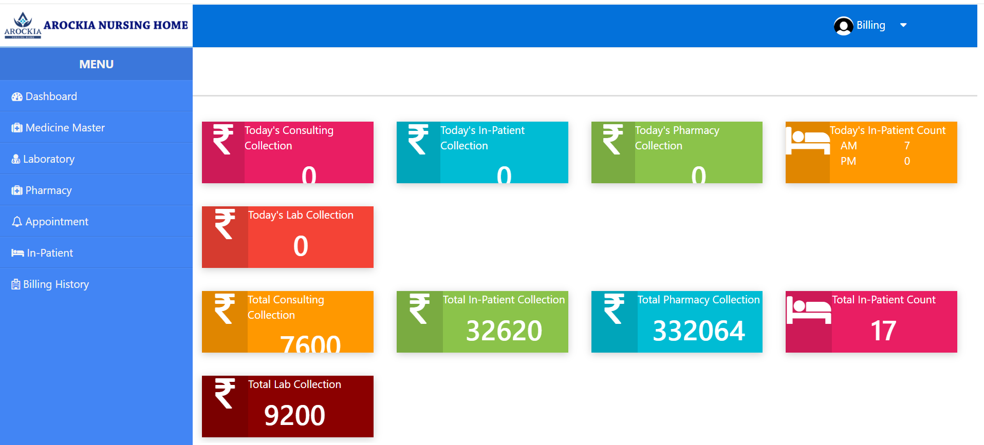 Arockia Nursing Home Billing Dashboard